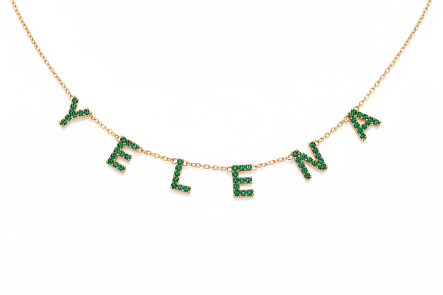 Collier YELENA cristaux verts fond blanc